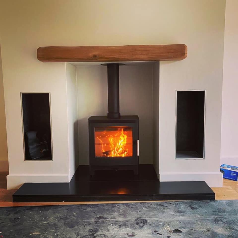 Heta Ambition 5 Wood Burning Stove With Slate Hearth Beam False Chimney Breast Build And Twin Wall Flue Installed In Nantwich